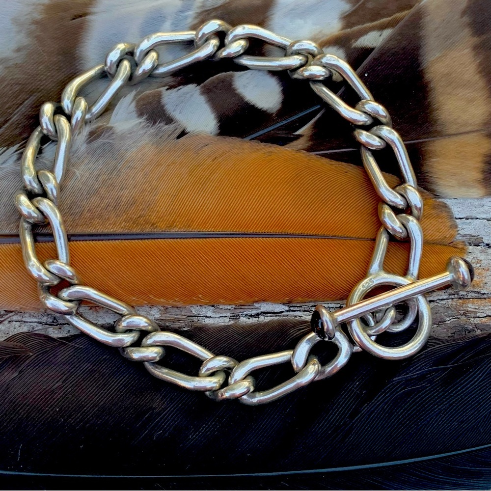 Heavy Sterling Figaro Chain Bracelet with Garnet Tipped Toggle Clasp